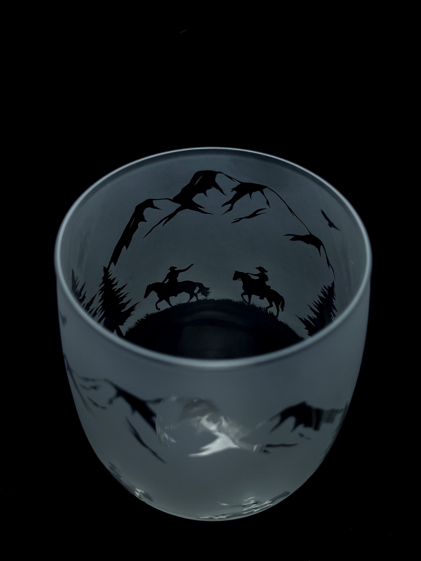 Western Cowboy Horseback Mountain Stemless Wine Cocktail Glass