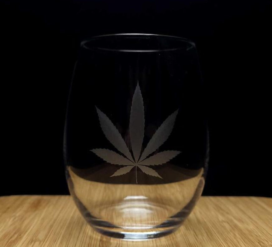 Marijuana Leaf Etched Stemless Cocktail Glass