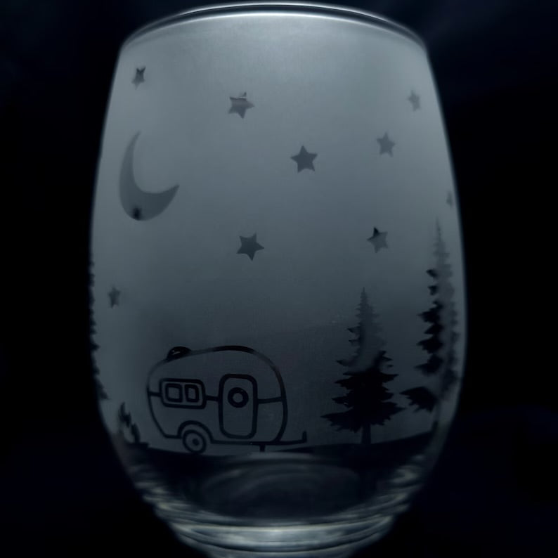Etched Camper RV Stemless Wine Cocktail Glass