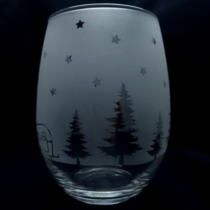 Etched Camper RV Stemless Wine Cocktail Glass