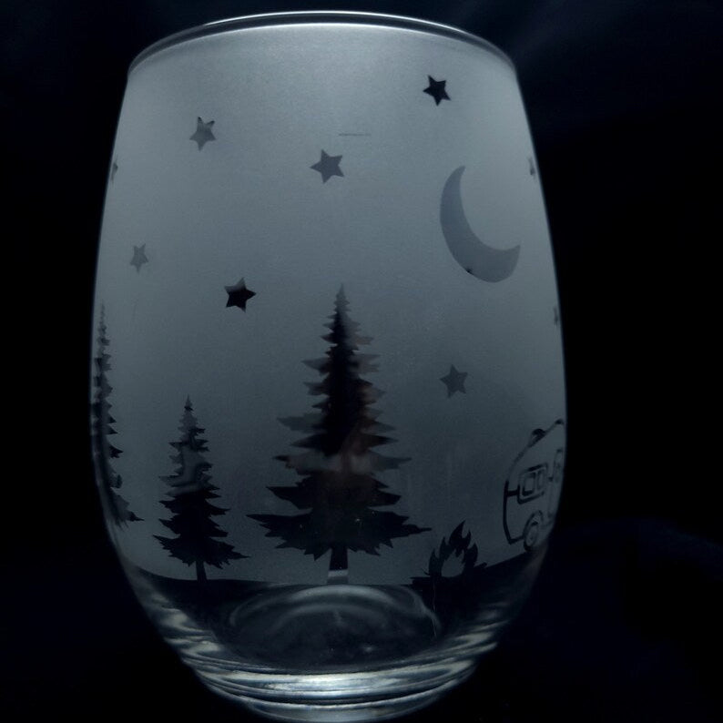 Etched Camper RV Stemless Wine Cocktail Glass