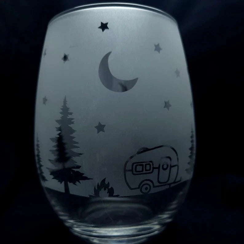 Etched Camper RV Stemless Wine Cocktail Glass