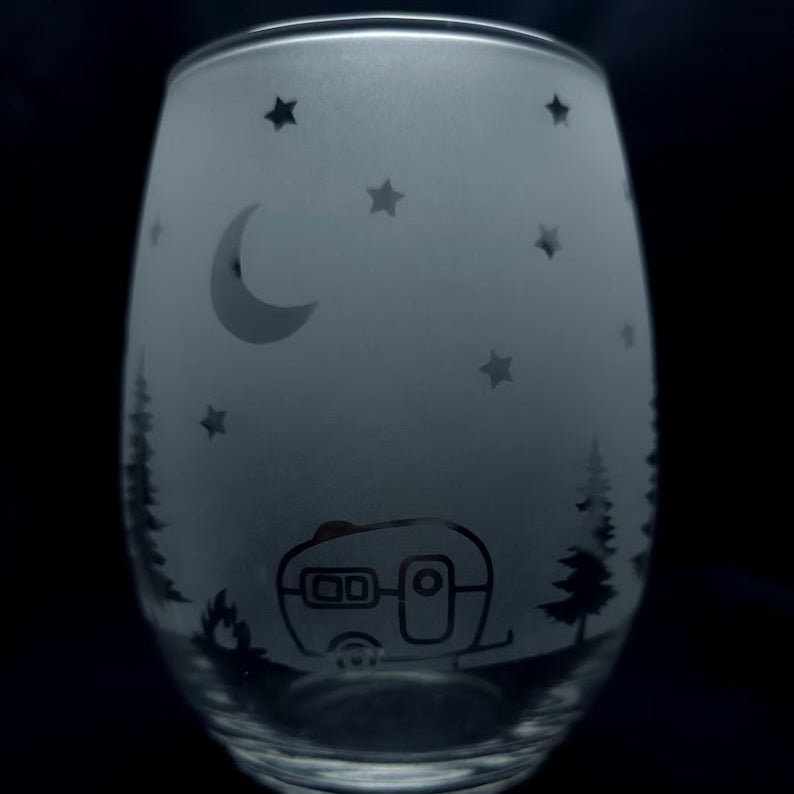 Etched Camper RV Stemless Wine Cocktail Glass