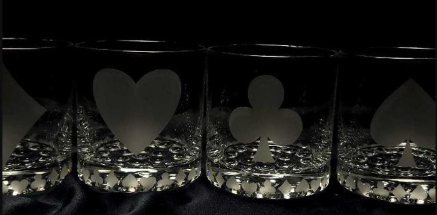 Etched glassware featuring a card player and poker design, inspired by Vegas style, perfect for casino lovers and poker enthusiasts.