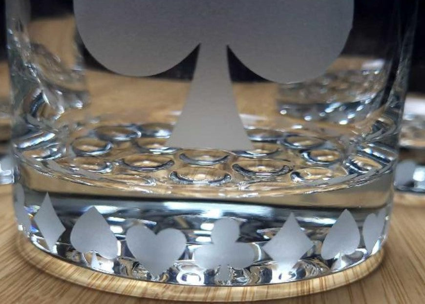 card suit etched cocktail glasses with gambling and poker-themed design
