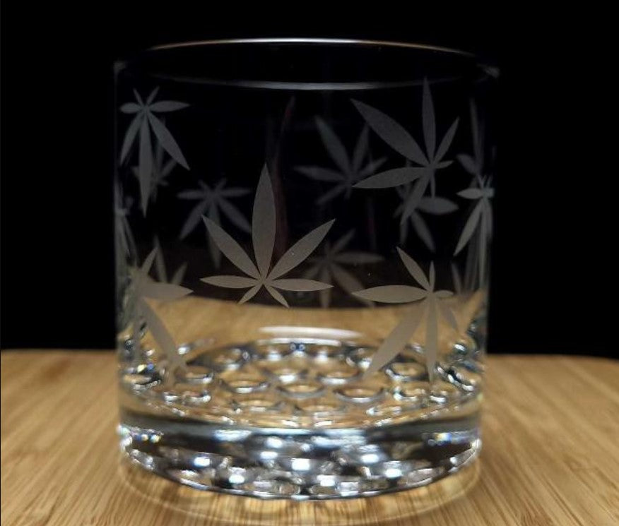 Marijuana Leaf Etched Cocktail Glass All Over Print Pot Leaf