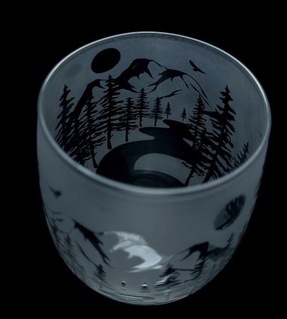 Etched Nature Lover Stemless Cocktail Glass - River, Mountain, Hiker, Camper Gift