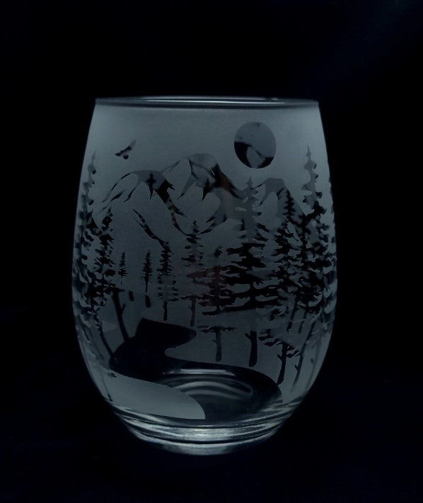 Etched Nature Lover Stemless Cocktail Glass - River, Mountain, Hiker, Camper Gift
