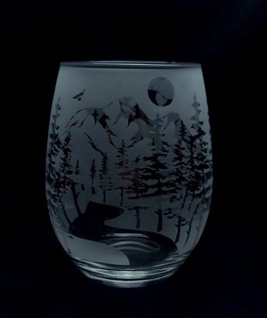 Etched Nature Lover Stemless Cocktail Glass - River, Mountain, Hiker, Camper Gift