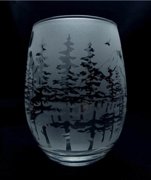 Etched Nature Lover Stemless Cocktail Glass - River, Mountain, Hiker, Camper Gift